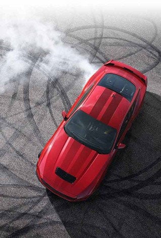 Overhead view of a 2024 Ford Mustang® model with tire tracks on pavement | Joe Hall Ford in Lewiston ID